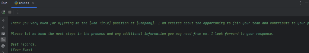 The screenshot displays the output of an Advanced AI Writer application, showcasing various functionalities: Text Generation: Example text generated using OpenAI API. Grammar Correction: Input text with corrected grammar using TextBlob. Text Summarization: Summarized text using Hugging Face summarization. Entity Extraction: Highlighted entities extracted from text using spaCy. Sentiment Analysis: Sentiment score and analysis results using TextBlob. Style Adjustment: Original text adjusted for formal style. Translation: Text translated into Spanish using Google Translate API. Custom Model Integration: Generated email response from a custom AI model API. Each section clearly demonstrates the AI Writer's capabilities in natural language processing and text manipulation.