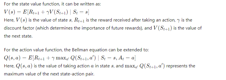 Screenshot of the Bellman equation, showing the mathematical representation of the relationship between the value of a state and the expected rewards from subsequent states.