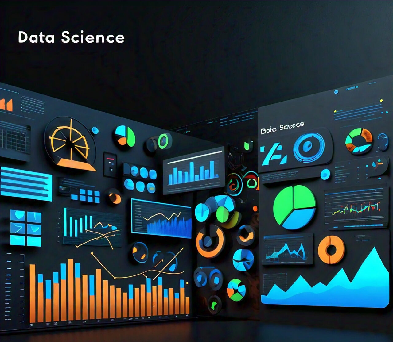 Hero section image for Data Science page featuring data charts, graphs, algorithms, and data visualizations with a modern design and vibrant colors on a dark background.