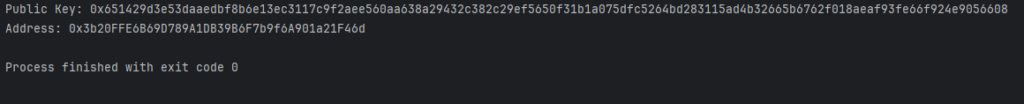 Screenshot of Python code output showing Ethereum public key and address.