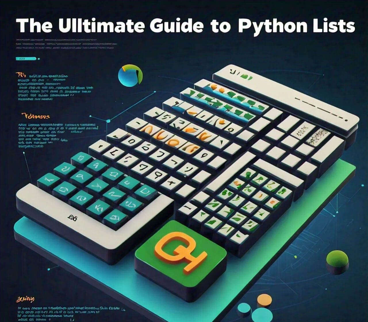 A professional and clean featured image for "The Ultimate Guide to Python Lists," showcasing a list visualization with various elements, Python-related icons, and modern fonts.