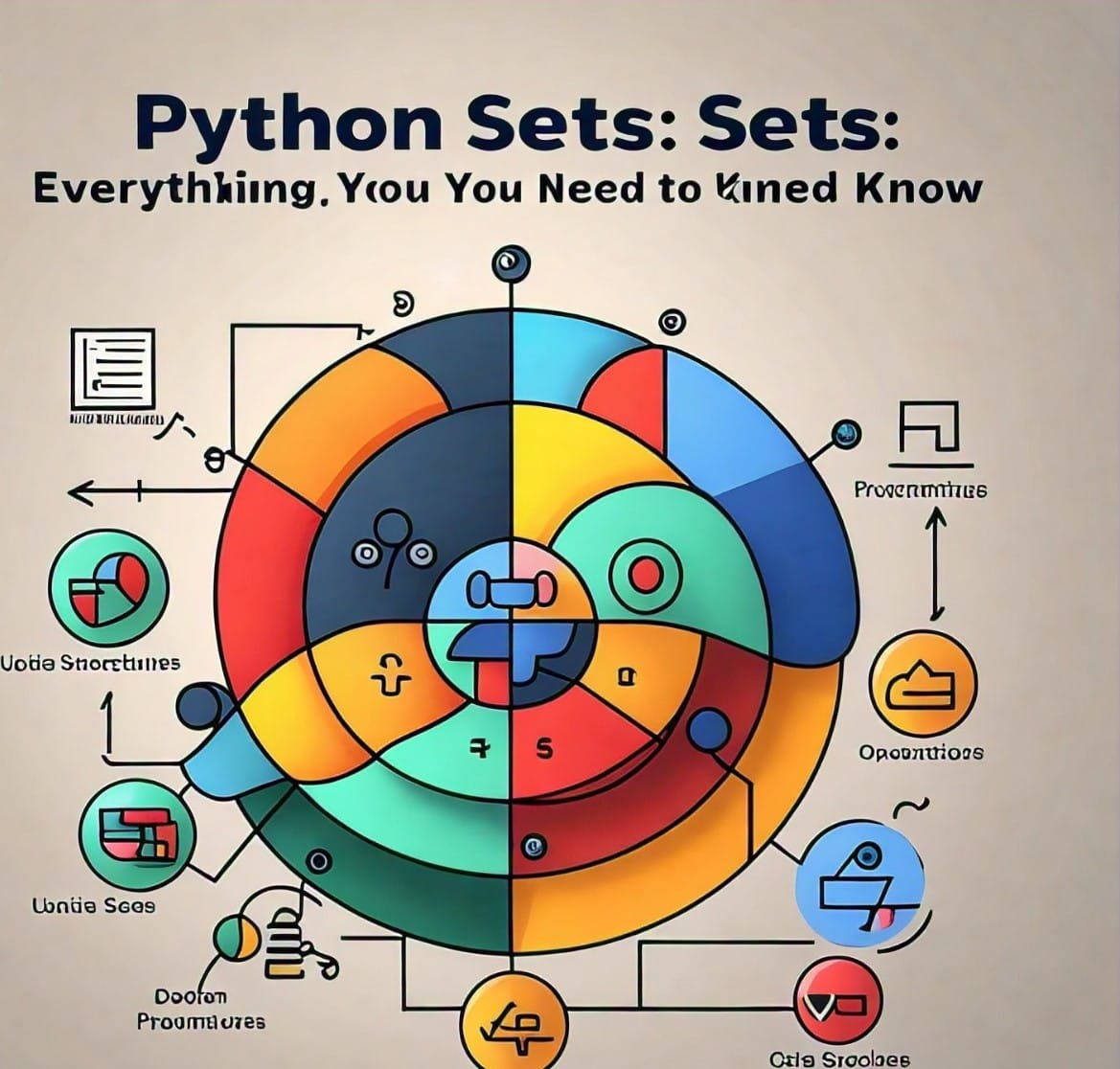 Illustration of Python sets with overlapping colored circles and Python logo, depicting set operations like union, intersection, and difference.