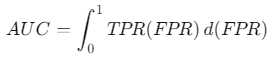 A formula representing the calculation of the Area Under the Curve (AUC), integrating the True Positive Rate (TPR) as a function of the False Positive Rate (FPR) from 0 to 1.