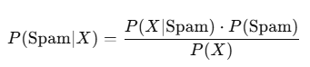 An equation representing Bayes' theorem used to calculate the probability of an email being spam given its features. The formula shows how prior probabilities and likelihoods combine to update predictions.