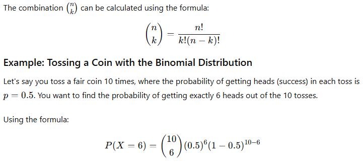 Formula for calculating combinations in a binomial probability example of tossing a coin.