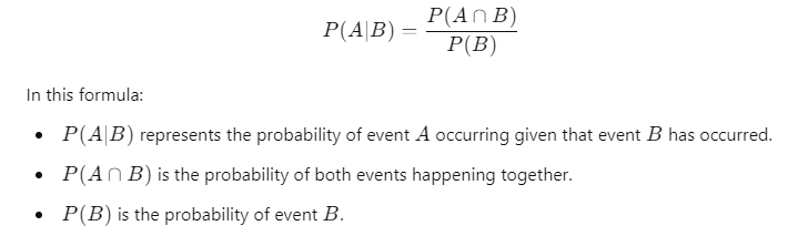 Test Problem: Calculate the conditional probability of drawing a red card from a standard deck of cards, given that the card drawn is a face card. Scenario: In a standard deck of 52 playing cards, there are 12 face cards (Kings, Queens, and Jacks), of which 6 are red (Hearts and Diamonds). Conditional Probability Formula: 𝑃 ( 𝐴 ∣ 𝐵 ) = 𝑃 ( 𝐴 ∩ 𝐵 ) 𝑃 ( 𝐵 ) P(A∣B)= P(B) P(A∩B) ​ Event A: Drawing a red card. Event B: Drawing a face card. Probability of both events happening together 𝑃 ( 𝐴 ∩ 𝐵 ) P(A∩B): 6 (red face cards) Probability of event B 𝑃 ( 𝐵 ) P(B): 12 (total face cards) Probability Calculation: 𝑃 ( 𝐴 ∣ 𝐵 ) = 𝑃 ( 𝐴 ∩ 𝐵 ) 𝑃 ( 𝐵 ) = 6 / 52 12 / 52 = 6 12 = 0.5 P(A∣B)= P(B) P(A∩B) ​ = 12/52 6/52 ​ = 12 6 ​ =0.5