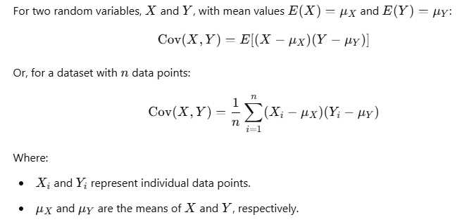 Covariance formula between two random variables, 𝑋 X and 𝑌 Y, expressed using mean values and individual data points.