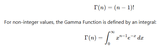 Mathematical representation of the Gamma function, showing its relationship to factorials for integers and its integral definition for non-integer values.