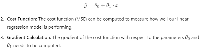 In linear regression, we define the relationship between input 𝑥 x and output 𝑦 y using a linear equation. The model's performance is evaluated through a cost function, specifically the Mean Squared Error (MSE). To optimize the model, we also compute the gradient of the cost function with respect to its parameters.