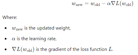 Equation for updating weights in gradient descent using the learning rate and gradient of the loss function.