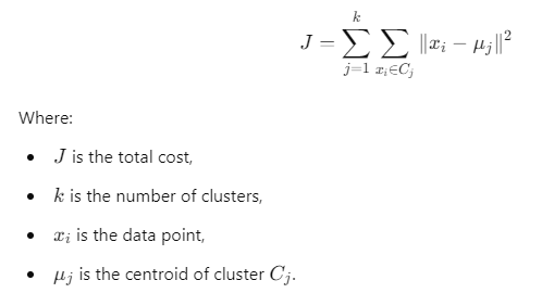 Total cost function for clustering: 𝐽 = ∑ 𝑗 = 1 𝑘 ∑ 𝑥 𝑖 ∈ 𝐶 𝑗 ∥ 𝑥 𝑖 − 𝜇 𝑗 ∥ 2 J= j=1 ∑ k ​ x i ​ ∈C j ​ ∑ ​ ∥x i ​ −μ j ​ ∥ 2 Where: 𝐽 J is the total cost. 𝑘 k is the number of clusters. 𝑥 𝑖 x i ​ is a data point. 𝜇 𝑗 μ j ​ is the centroid of cluster 𝐶 𝑗 C j ​ .