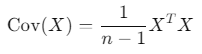 Formula showing the covariance matrix calculation for Principal Component Analysis (PCA) using matrix multiplication.