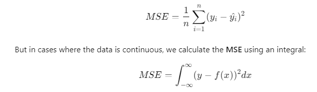 A formula for Mean Squared Error (MSE) using both summation for discrete data and integration for continuous data, showing the calculation of squared errors.