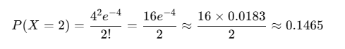 Example calculation using the Poisson formula to find the probability of exactly 2 customers arriving in one hour, with all relevant parameters and computations shown.