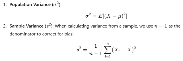 Formulas for calculating population variance 𝜎 2 σ 2 and sample variance 𝑠 2 s 2 based on the expected mean 𝜇 = 𝐸 ( 𝑋 ) μ=E(X).