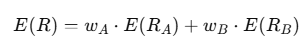 An equation demonstrating how to calculate the expected return of a portfolio consisting of two assets, A and B, using their respective weights and expected returns.