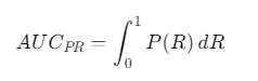 A formula for calculating the Area Under the Precision-Recall Curve (AUC-PR) by integrating precision (P) as a function of recall (R) from 0 to 1.