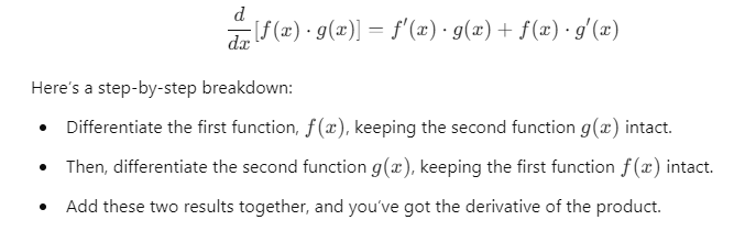 Explanation of the Product Rule for differentiation of two functions with a step-by-step breakdown.