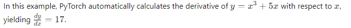 PyTorch automatic derivative calculation of the function 𝑦 = 𝑥 3 + 5 𝑥 y=x 3 +5x.