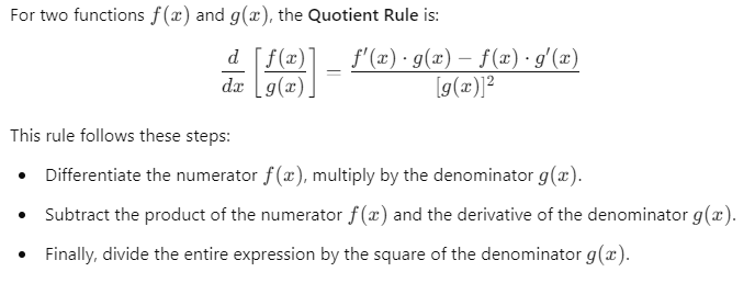 Explanation of the Quotient Rule for differentiation with functions 𝑓 ( 𝑥 ) f(x) and 𝑔 ( 𝑥 ) g(x).