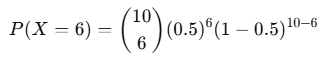 Example calculation of the binomial probability formula showing the probability of obtaining exactly 6 heads in 10 coin flips with specified parameters.