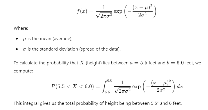 A formula using the normal distribution function to calculate the probability that the variable X (height) lies between 5.5 and 6.0 feet, involving mean (μ) and standard deviation (σ).