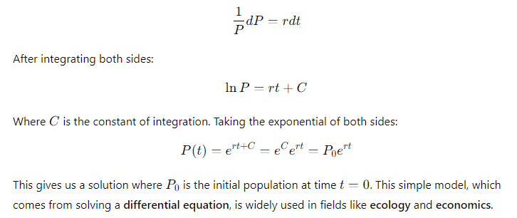 Solution to exponential growth equation after separating variables and integrating.