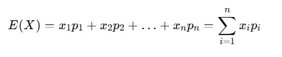 Formula for calculating the expected value 𝐸 ( 𝑋 ) E(X) of a discrete random variable with weighted outcomes and their probabilities.