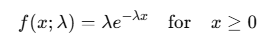 Mathematical representation of the probability density function (PDF) for the exponential distribution, illustrating the formula and parameters involved.