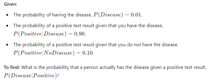 Step-by-step breakdown of Bayes' Theorem applied to a healthcare scenario, demonstrating how to calculate the probability of having a disease based on a positive test result, including definitions of various probabilities.