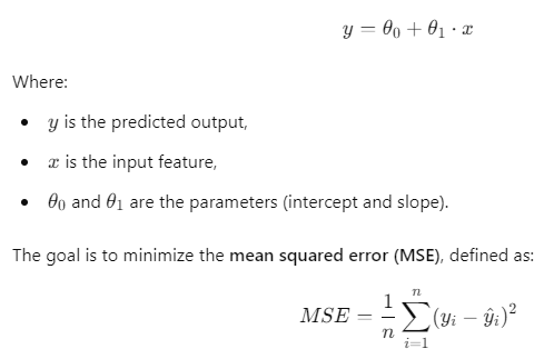 Explanation of linear regression, including the formula for predicted output and mean squared error (MSE).