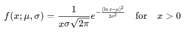 Mathematical representation of the probability density function (PDF) for the log-normal distribution, showing how the variable 𝑥 x is transformed through its natural logarithm.