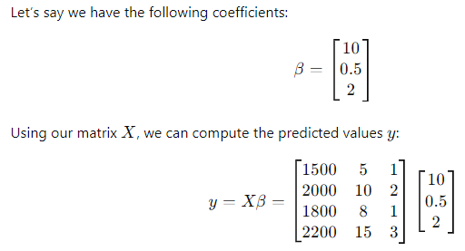 A matrix multiplication example showing the computation of predicted values using coefficients and a matrix.