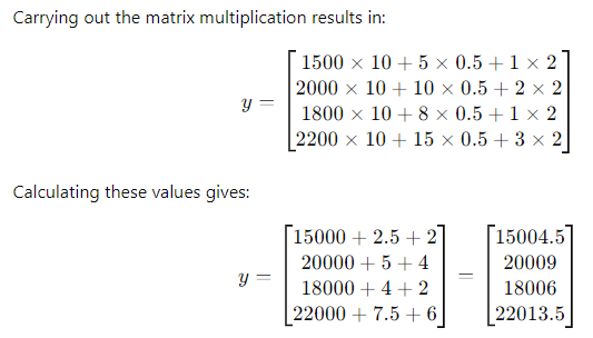 A detailed calculation of predicted values from a matrix multiplication example.