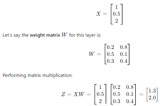 An example of forward propagation showing matrix multiplication between an input vector and a weight matrix in a neural network layer.