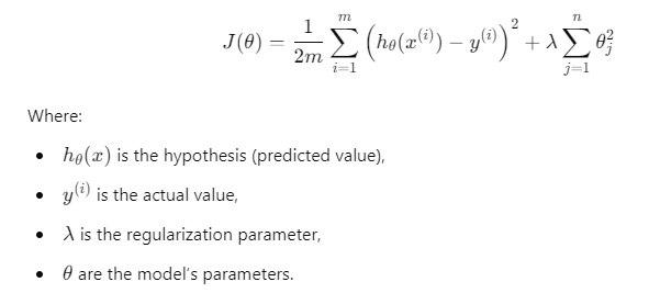 Ridge regression cost function formula with regularization.