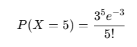 Poisson distribution example showing probability calculation for receiving exactly 5 calls in an hour at a call center with an average of 3 calls per hour.