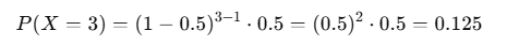 Calculation example showing the probability of achieving the first success on the third trial using the geometric distribution with p = 0.5.