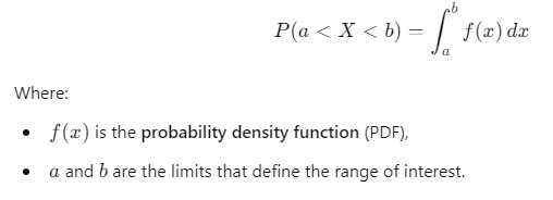 A mathematical integral representing the probability that a variable X falls between two values, a and b, by integrating the probability density function (PDF) f(x) over that range.