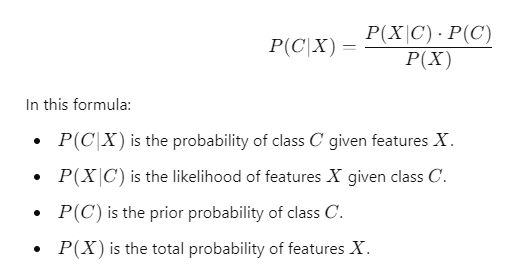 Test Problem: Calculate the probability of a class label given a set of features using the Naive Bayes Classifier. Scenario: Suppose we have a dataset where we want to classify whether an email is "spam" or "not spam" based on specific features (like the presence of certain keywords). Class Labels (C): "Spam" and "Not Spam" Features (X): Presence of keywords like "free", "win", "click" We want to calculate the probability that an email is spam given the presence of the features. Naive Bayes Formula: 𝑃 ( 𝐶 ∣ 𝑋 ) = 𝑃 ( 𝑋 ∣ 𝐶 ) ⋅ 𝑃 ( 𝐶 ) 𝑃 ( 𝑋 ) P(C∣X)= P(X) P(X∣C)⋅P(C) ​ Where: 𝑃 ( 𝐶 ∣ 𝑋 ) P(C∣X): Probability of class 𝐶 C (Spam) given features 𝑋 X. 𝑃 ( 𝑋 ∣ 𝐶 ) P(X∣C): Probability of features 𝑋 X (presence of keywords) given class 𝐶 C. 𝑃 ( 𝐶 ) P(C): Prior probability of class 𝐶 C (the overall proportion of spam emails). 𝑃 ( 𝑋 ) P(X): Total probability of features 𝑋 X across all classes. Example Calculation: Let's assume the following values: 𝑃 ( 𝑋 ∣ 𝐶 ) P(X∣C) (Probability of keywords given spam) = 0.8 𝑃 ( 𝐶 ) P(C) (Prior probability of spam) = 0.4 𝑃 ( 𝑋 ) P(X) (Total probability of keywords) = 0.5 Now plug in these values: 𝑃 ( 𝑆 𝑝 𝑎 𝑚 ∣ 𝑋 ) = 0.8 ⋅ 0.4 0.5 = 0.32 0.5 = 0.64 P(Spam∣X)= 0.5 0.8⋅0.4 ​ = 0.5 0.32 ​ =0.64