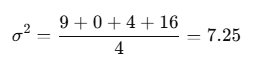 Step-by-step calculation of population variance, resulting in 𝜎 2 = 7.25 σ 2 =7.25 hours.