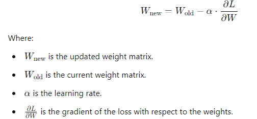 Equation showing the formula for updating weights in a neural network using the gradient of the loss function and the learning rate.