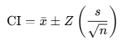 The confidence interval (CI) provides a range of values that is likely to contain the population parameter based on sample data. The formula is expressed as: 𝐶 𝐼 = 𝑥 ˉ ± 𝑍 ( 𝑠 𝑛 ) CI= x ˉ ±Z( n ​ s ​ ) Where: 𝑥 ˉ x ˉ is the sample mean. 𝑍 Z is the Z-score associated with your desired confidence level. 𝑠 s represents the sample standard deviation. 𝑛 n is the sample size.