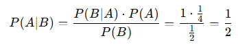 Use Bayes' Theorem to compute 𝑃 ( 𝐴 ∣ 𝐵 ) P(A∣B) with the provided probabilities.