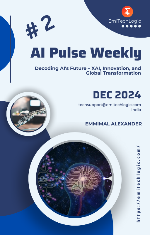 Cover page of AI Pulse Weekly magazine featuring a futuristic design with elements symbolizing artificial intelligence, innovation, and global transformation. The title reads 'Decoding AI's Future – XAI, Innovation, and Global Transformation.