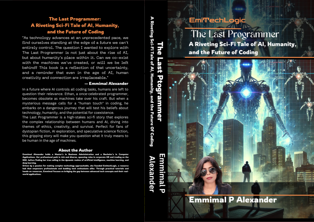 Book cover for 'The Last Programmer: A Riveting Sci-Fi Tale of AI, Humanity, and the Future of Coding,' featuring futuristic AI and coding visuals.