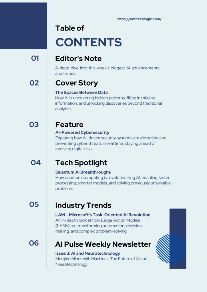 A structured Table of Contents page from AI Pulse Weekly Magazine, listing featured articles on AI-powered cybersecurity, quantum AI breakthroughs, Microsoft's Large Action Models (LAM), and AI-neurotechnology advancements. Latest AI trends