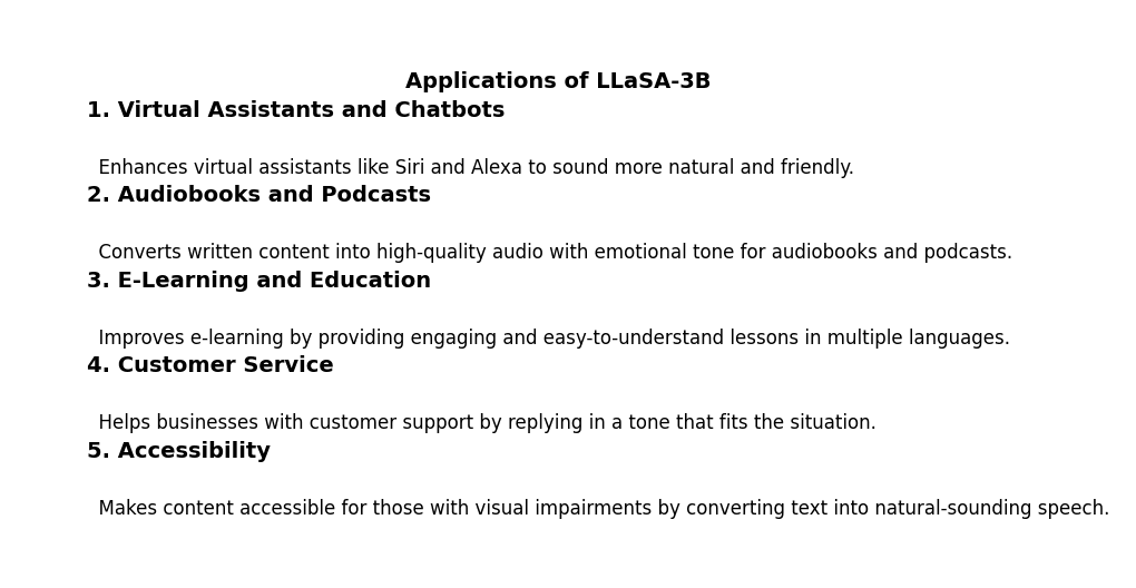 Text-based visualization of the applications of LLaSA-3B, including Virtual Assistants and Chatbots, Audiobooks and Podcasts, E-Learning and Education, Customer Service, and Accessibility, each with a brief description.