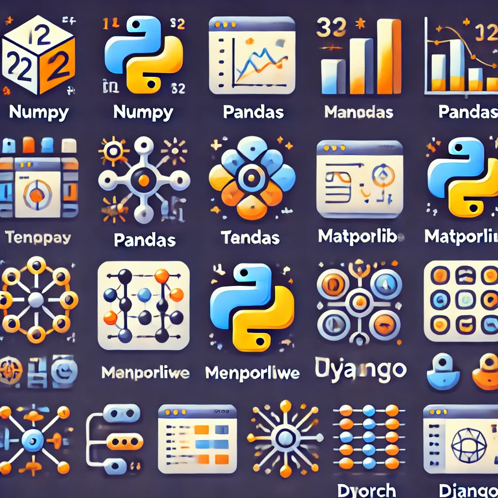 An infographic displaying the top 10 Python libraries, each represented with an icon and a brief description. Libraries include NumPy (numerical computing), Pandas (data manipulation), Matplotlib (data visualization), Scikit-learn (machine learning), TensorFlow (deep learning), PyTorch (deep learning), Requests (HTTP requests), Flask (web development), Django (full-stack web development), and OpenCV (computer vision). The design features a dark background with colorful icons.