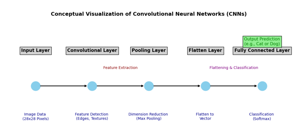 Conceptual diagram of a Convolutional Neural Network (CNN) showing layers from input to output with annotations for each layer and the flow of data. Neural Network Architectures